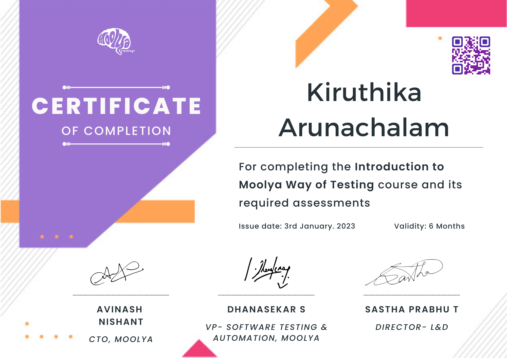 Certification: Kiruthika Arunachalam