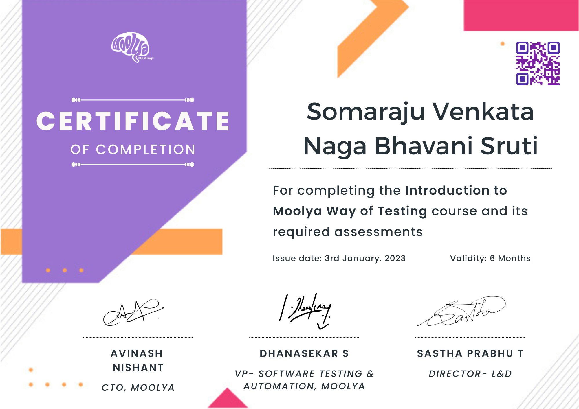 Certification: Somaraju Venkata Naga Bhavani Sruti