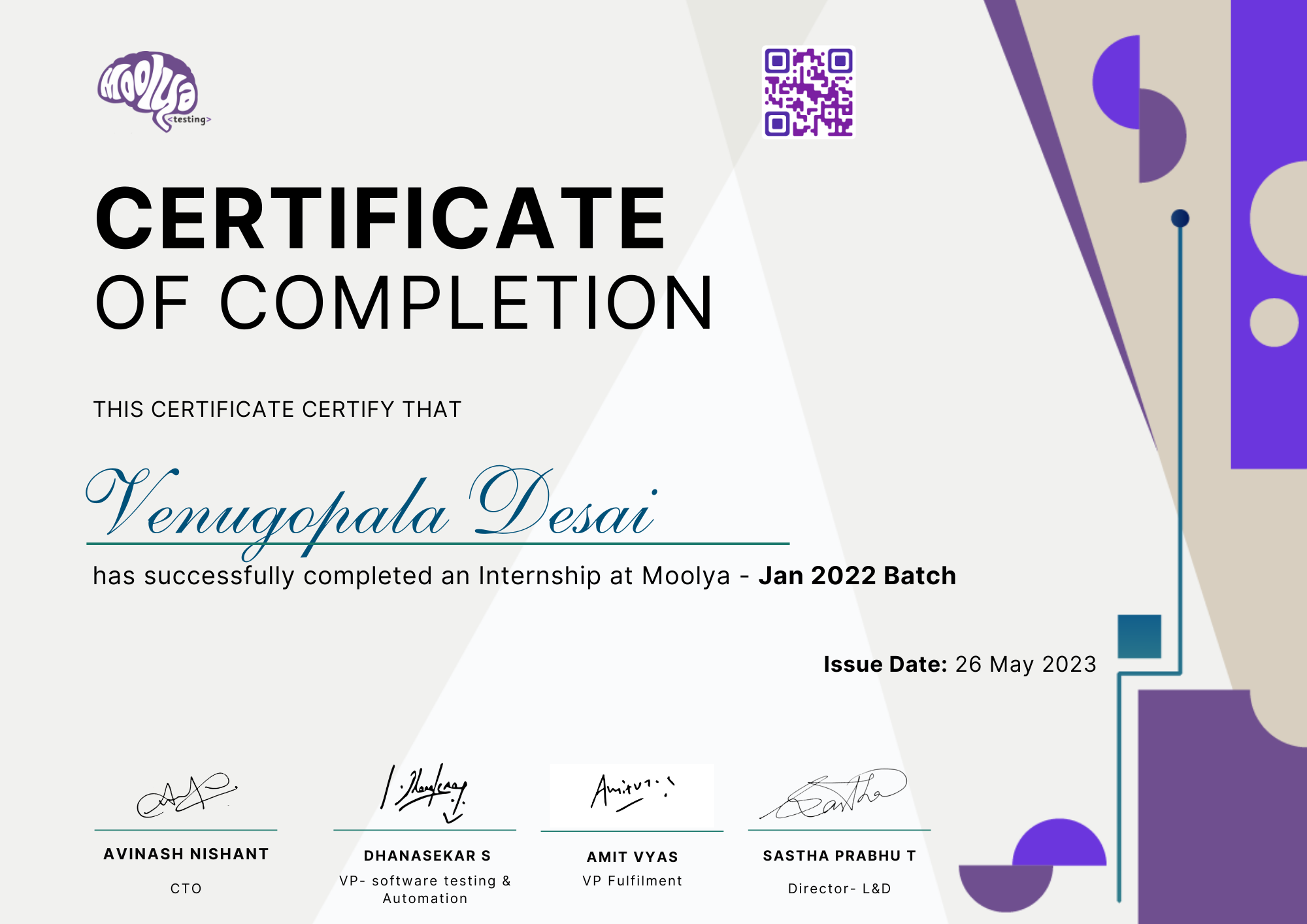 Certification: Venugopala Desai